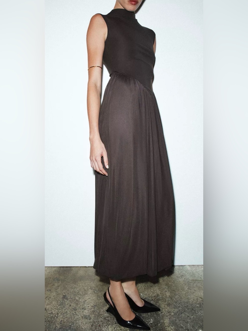 Zara Long Contrast Tulle Dress Black Mock Neck Bubble Hem NWOT Size Medium - Picture 4 of 8